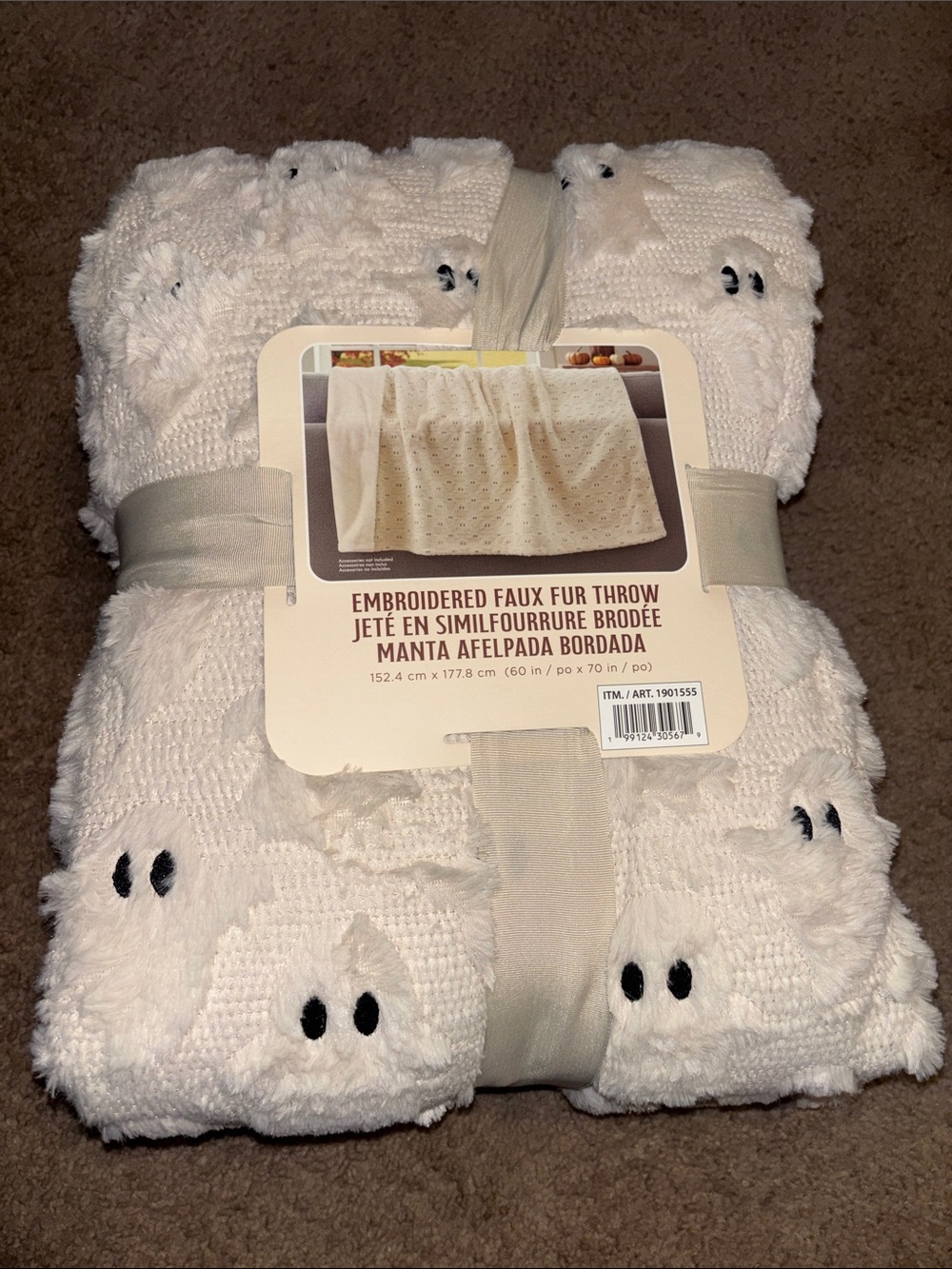 NWT VIRAL Costco Embroidered Faux Fur Throw - Cream Ghost Pattern